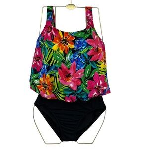 Vintage Paradise Bay One Piece Swimsuit Women Size 10 Pink Black Floral Tropical